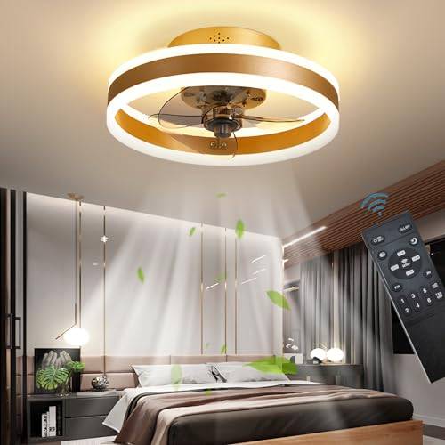 Led Takfläktar med Lampor Vändbar Fjärrkontroll, Modern Sovrum Taklampa för Fläkt Tyst 6 Hastigheter Dimbar Små Tak för Fläktljus för Vardagsrum, Guld 40CM