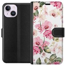 Apple iPhone 15 Sort Tegnebogsetui Rosa blommor