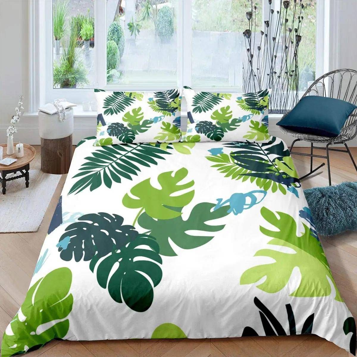Örngott Kung Full Bananblad Sängklädesset Hawaiianska Tropiska Blad Gröna Grenar 2/3st Polyester Täcke