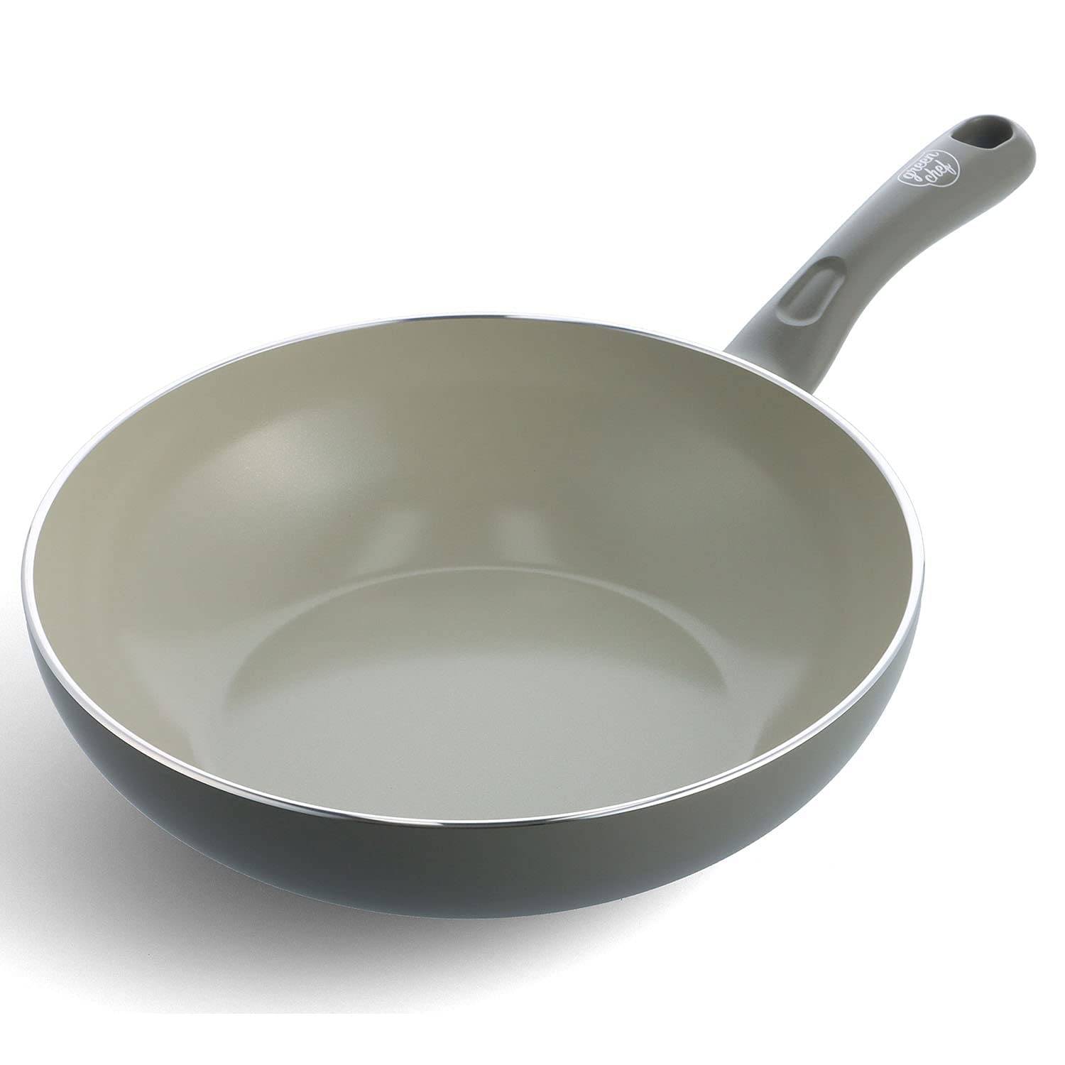 Greenpan Green Chef Deep Wok Pan 28cm IH compatible Ceramic processing inside and easy to clean No harmful substances Earth color Quartz Gray