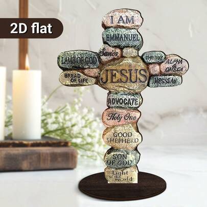 1 st vintage Jesus-kors, religiös staty med skrift, lämplig för hemaltardekoration, kristen inredning och som present - Multifärgad