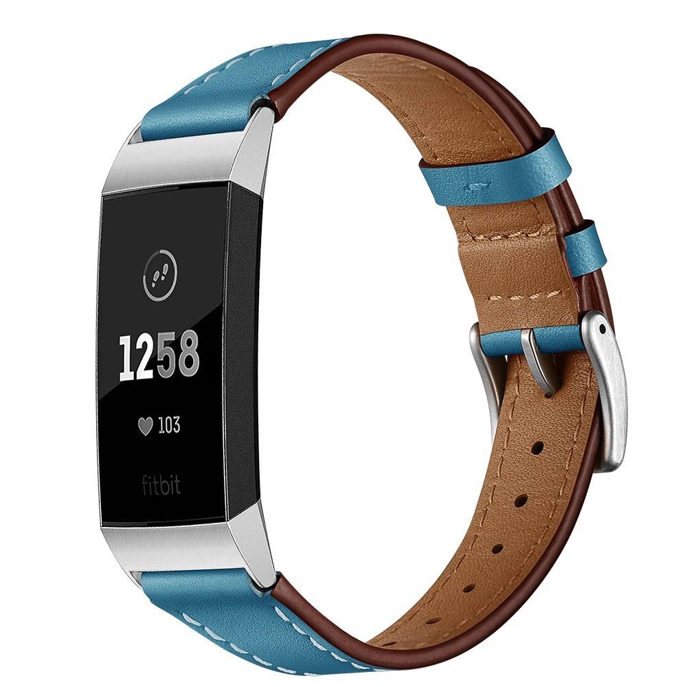Fitbit Charge 3 / Charge 4 - Ægte læder urrem 75mm+ 115mm - Blå