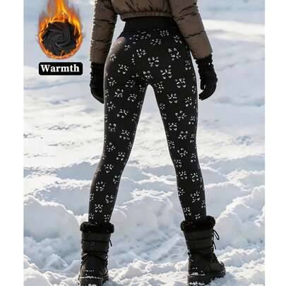 Höst/vinter termiskt fodrade förtjockade damleggings i svart med tryck, varma och bekväma borstade elastiska tighta tights, lämpliga för utomhusaktivi - Multifärgad (L,M,S,XL,XXL)