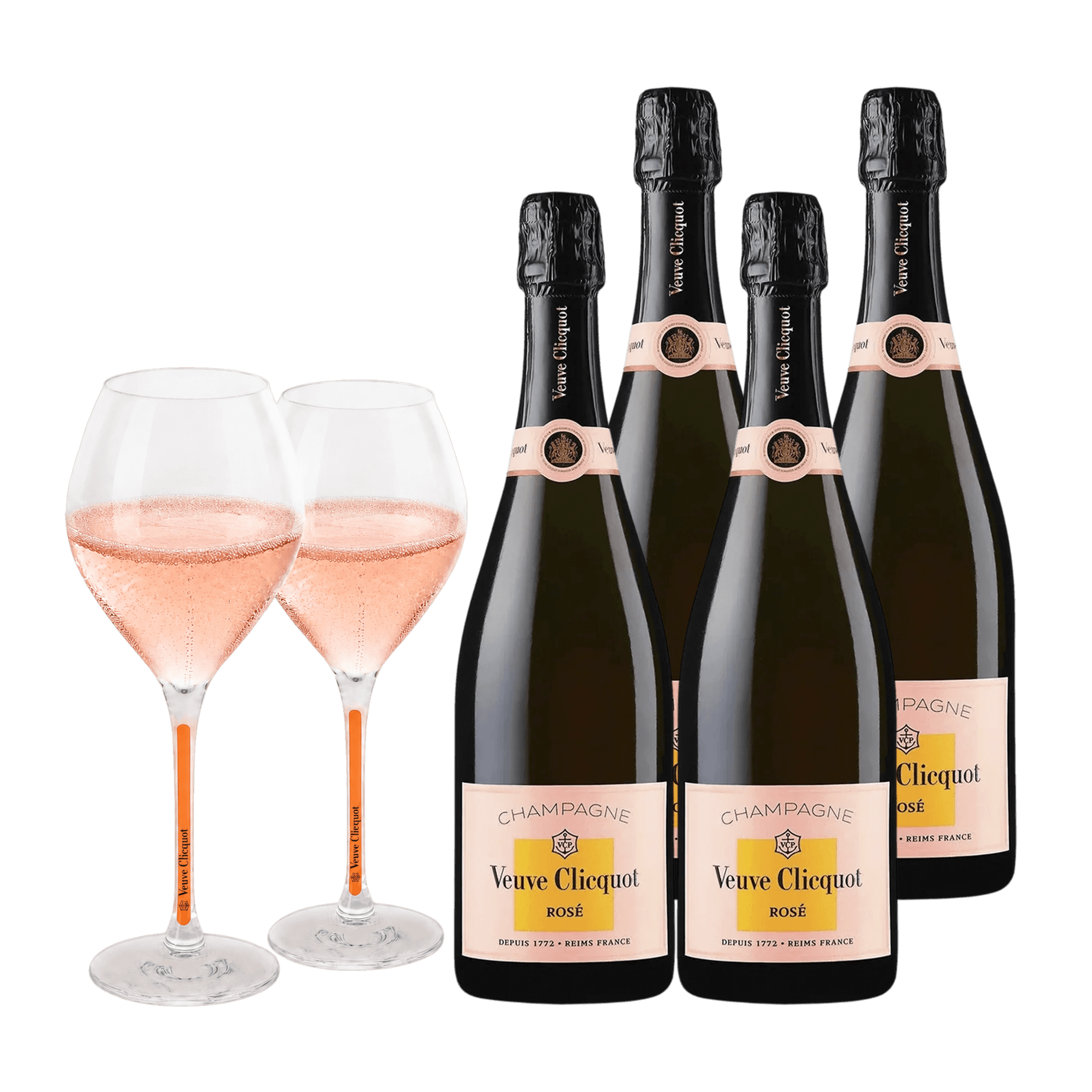 Champagne Veuve Clicquot Rosé 75 cl. (4 stk. + 2 Veuve Clicquot glas)