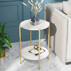 Guld sidobord i guld med 2 nivåer, runda sidobord, sängbord, diameter 40,5 cm, sidobord i marmor med lyxig guldram, nordiskt litet soffbord, bord för hörn, växter, soffa, sidobord för hem, kontor