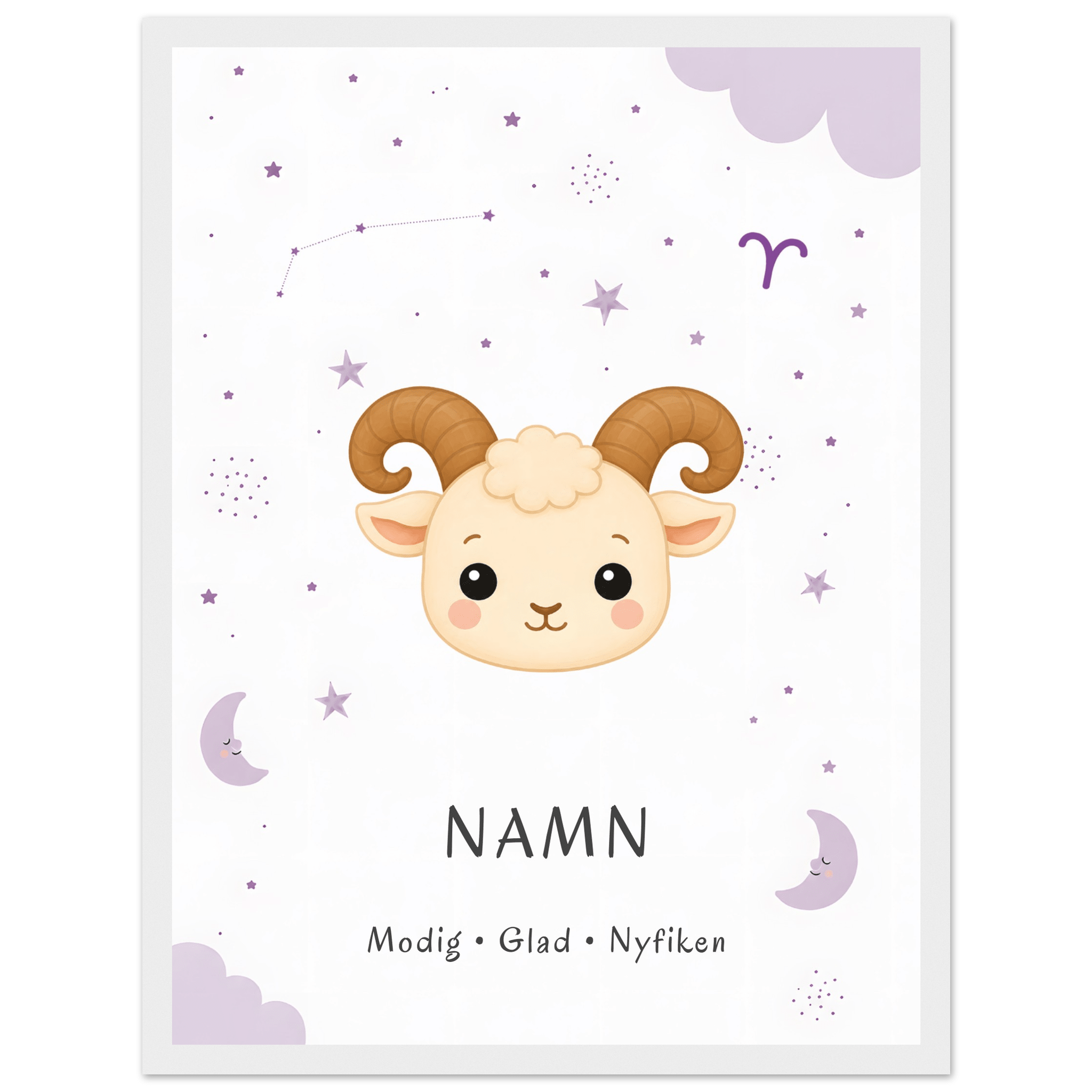 Stjärntecken väduren med namn-30x40 cm / 12x16″ / Med ram / Vit