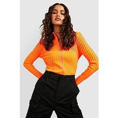 Two Tone Rib Knit Zip Through Top - orange - S