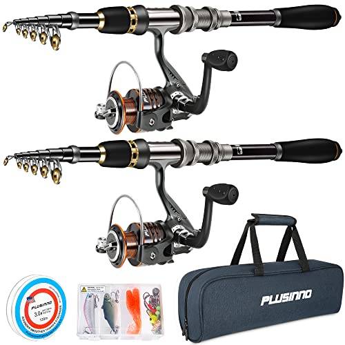 PLUSINNO Teleskopiskt fiskespö och rulle kombinerat fullt kit, kolfiber fiskespön, 12 + 1 skärmade lager rostfritt stål BB spinnrulle (2-pack)