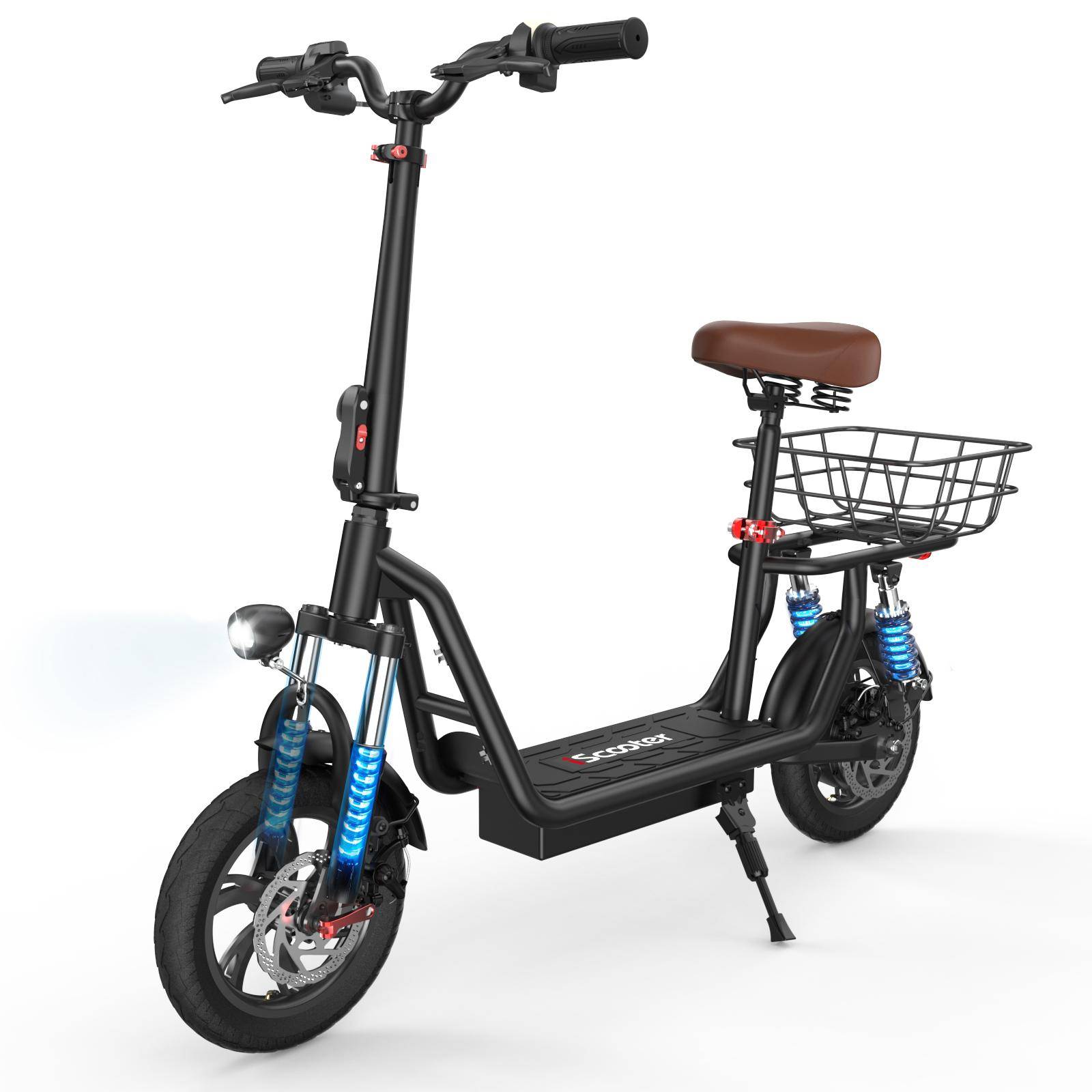 iScooter i12 Electric Scooter with Seat for Adults, 500W 12  Dual Suspensions Commuter EScooter with Basket, Height Adjustable Seat & Handlebar svart