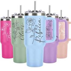 Personlig 40 oz dricksglas med handtag, anpassad dricksglas med namn och födelseblomma, resemugg i rostfritt stål, födelsedagspresenter, personliga pr - Multifärgad (svart,Vit,rosröd,grön,blå,Lila,lotusrotstärkelse)