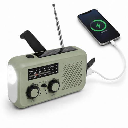BOROCO Akut Solradio, Självdriven Vevradio med LED-Ficklampa, SOS-Larm, AM/FM Väderuppladdning av Smartphone, med USB (XLN-297WB)
