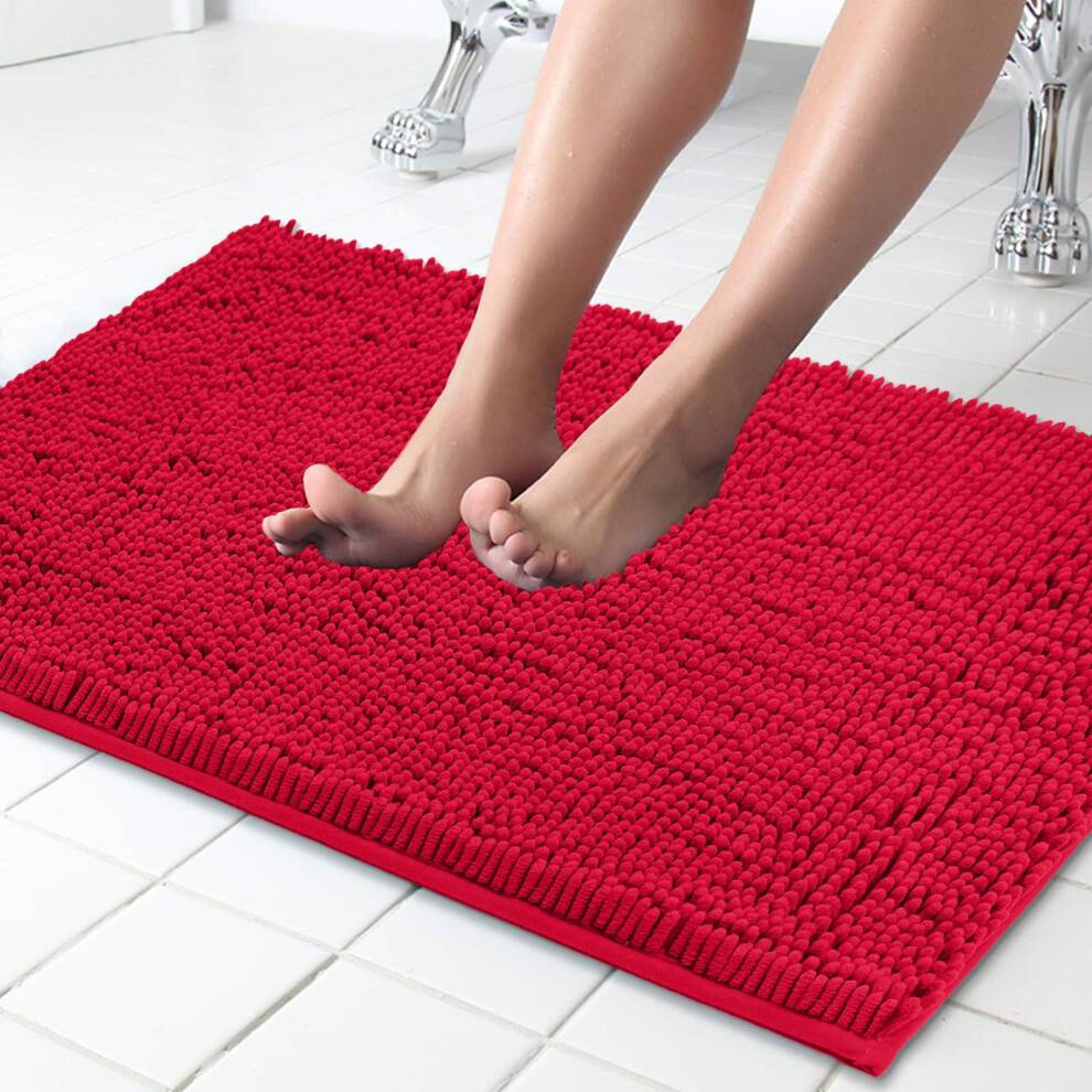 Chenille badeværelsesmåtte 86 x 50 cm, tyk blød absorberende, skridsikker plys-shaggy bademåtte til brusegulv, maskinvaskbar, rød