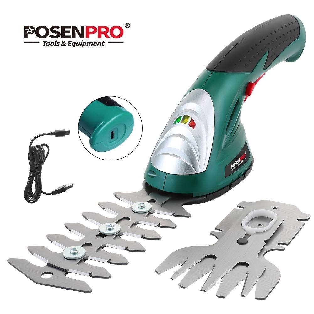 Posenpro Rechargeable Cordless Grass Shears, 2-in-1 Handheld Hedge Trimmer With Interchangeable , 2000mah Portable Electric Garden Tool For Lawn, Hedge, Shrub Trimming