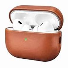 Läderfodral för AirPods Pro 2 2022, ICARERFAMILY premium äkta läder stöttåligt skyddande fodral för Apple AirPods Pro 2 hörlurar laddningsfodral (LED synlig) stöder trådlös laddare – brun