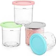 HELAJOY 4-pack glassmuggar, 47 ml, kompatibel med Ninja Creami Ice Cream Maker NC299AMZ & NC300-serien, BPA-fri och diskmaskinssäker, med färgglada lock (grå/grön/rosa/aqua)