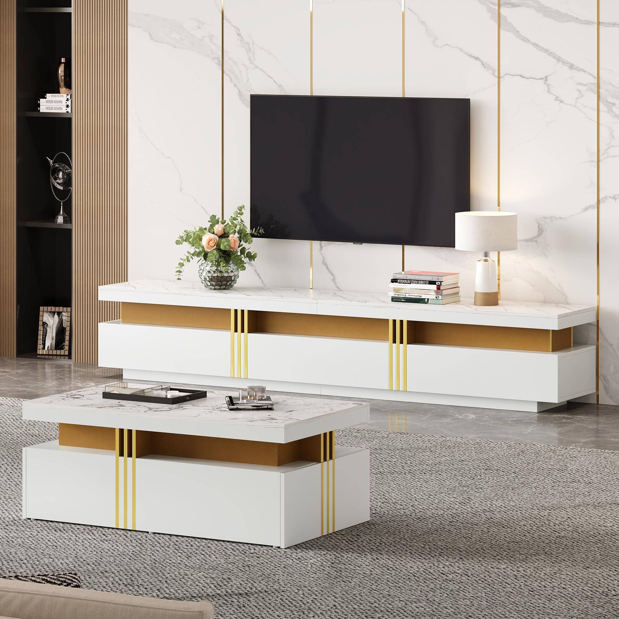 TV Stand and Coffee Table Set with Ample Storage, 2-Piece Living Room Furniture Set with Durable Particleboard, 200L x 40W x 42H cm, White Aosom UK