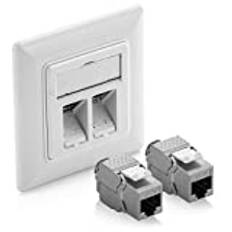 deleyCON 1x Keystone-Kontakt Nätverkskontakt Infälld Datakontakt + 2x CAT 6a Keystone Jack-Modul RJ45 Uttag - CAT Nätverk Installation Kabel Helt Skärmad Vit
