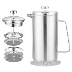 Misichao liten cafetiere 2 koppar fransk press kaffebryggare, rostfritt stål koffettierisolerad kaffepress med 3 nivåers filtreringssystem, 3 extra filter, 350 ml, silver