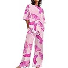 Pyjamasset dampyjamas vinterpyjamas sommarkläder för kvinnor 2 bomull linne set överdimensionerade t-shirts raka ben byxa plus storlek träningsoverall damer pyjamas storlek 20, Rosa, 3XL