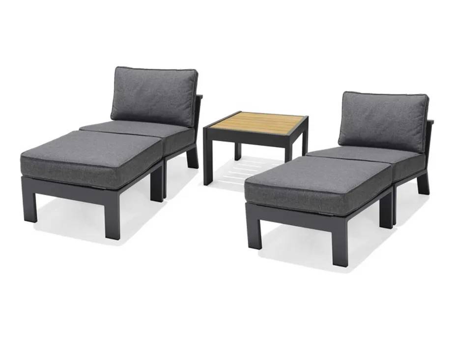 Lifestyle Garden Palau caféset Teak/grå med grå dyna 2st mittdelar, 2st fotpallar & bord 63x63 cm