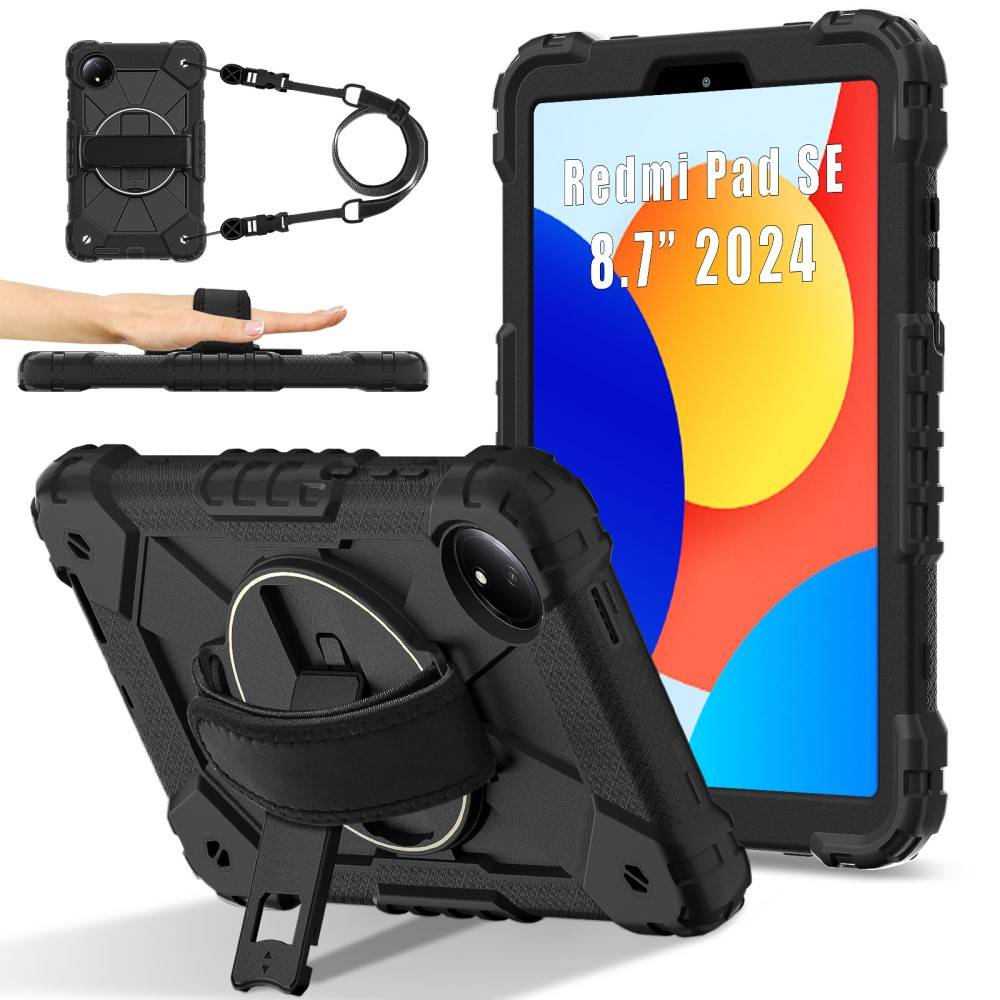 Xiaomi Redmi Pad SE 8.7 4G - Shockproof Hybrid skal med stativ & axelrem - Svart