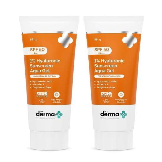 The Derma Co 1% Hyaluronsyra Solskydd Aqua Gel SPF 50 PA++++ | In-Vivo Testad | Hyaluronsyra för Djup| För Män & Kvinnor | 80 g x 2
