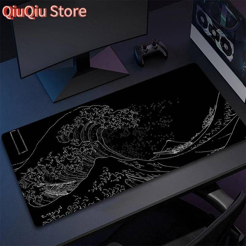 Japan Black Sea Wave Large Mouse Pad Extended Gaming Mouse Pad Desktop Pad With Stitched Non-Slip Rubber Base Keyboard Mat 80x30