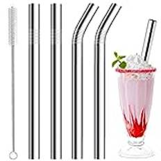 Vinaco Milkshake-sugrör 10 mm breda sugrör, 4-pack sugrör i rostfritt stål, 266 mm och 216 mm långt sugrör med 1 sugrörstrengörare, återanvändbar metallsugrör för milkshake, smoothie och jumbo tjocka