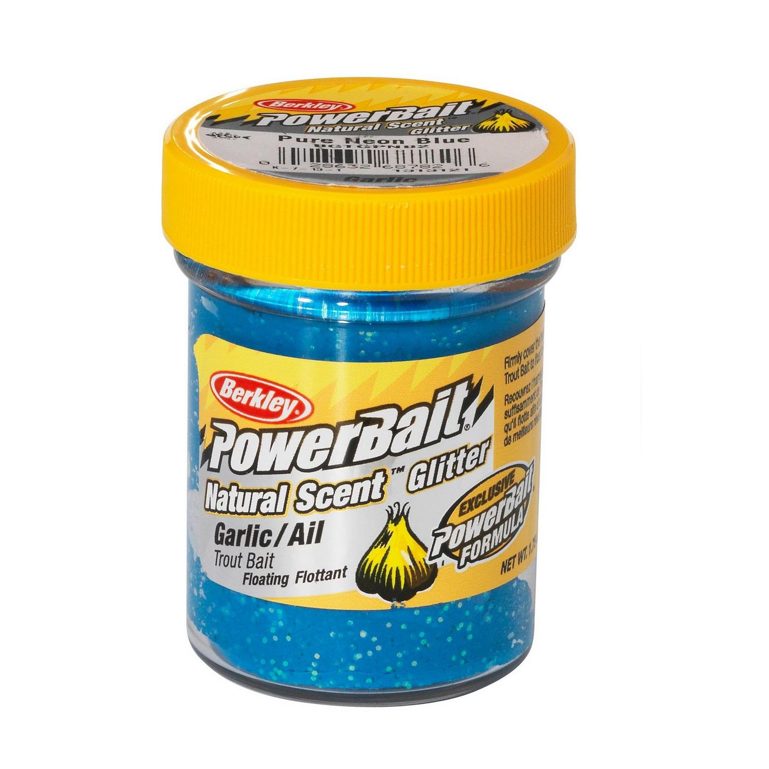 Powerbait Natural Glitter Trout Dough - Garlic Blue Glitter.