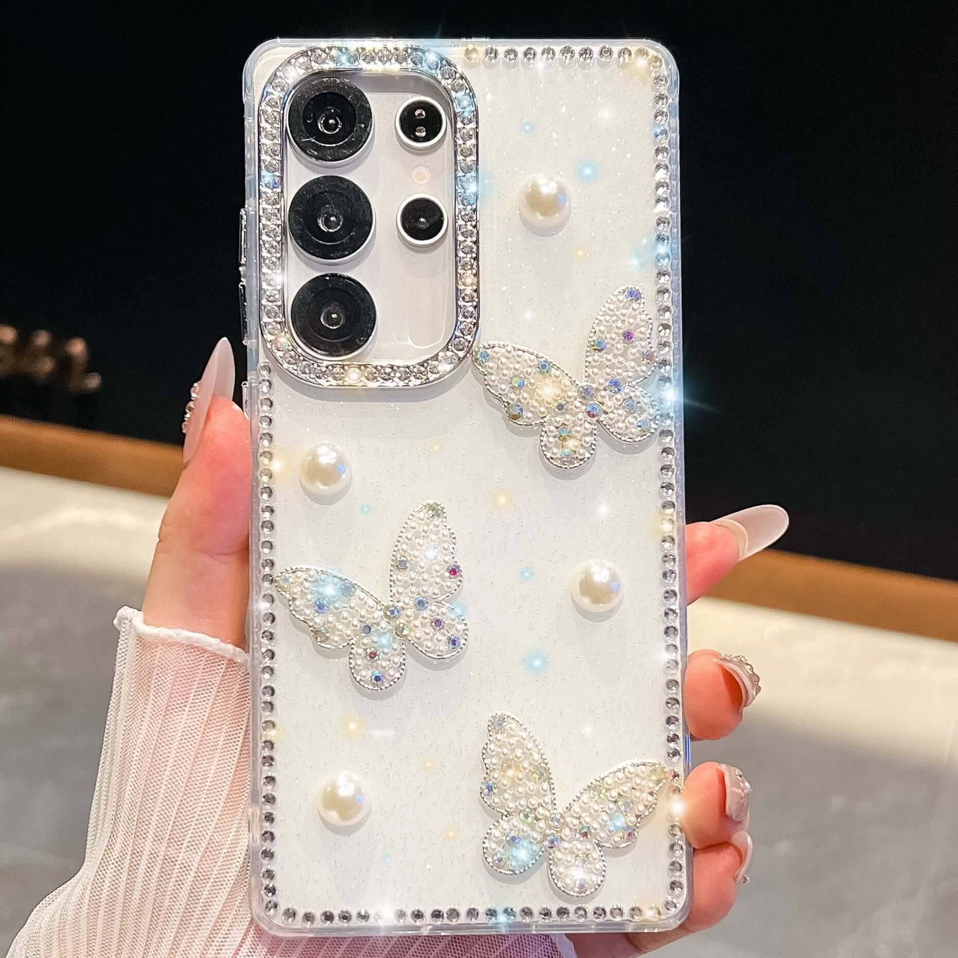 Glitter Powder Pearl Butterfly Rhinestone Phone Case - Glittery White / Galaxy A56 5G