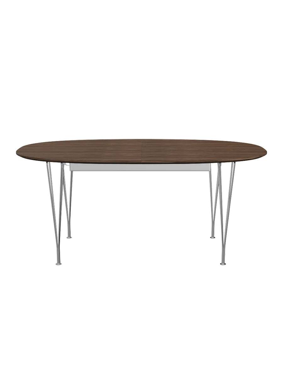 Piet Hein B620 Superellipse udtræksbord, 170/270 x 100 cm fra Fritz Hansen Valnød finér m. finérkant - Krom stel - Jacobsen Plus