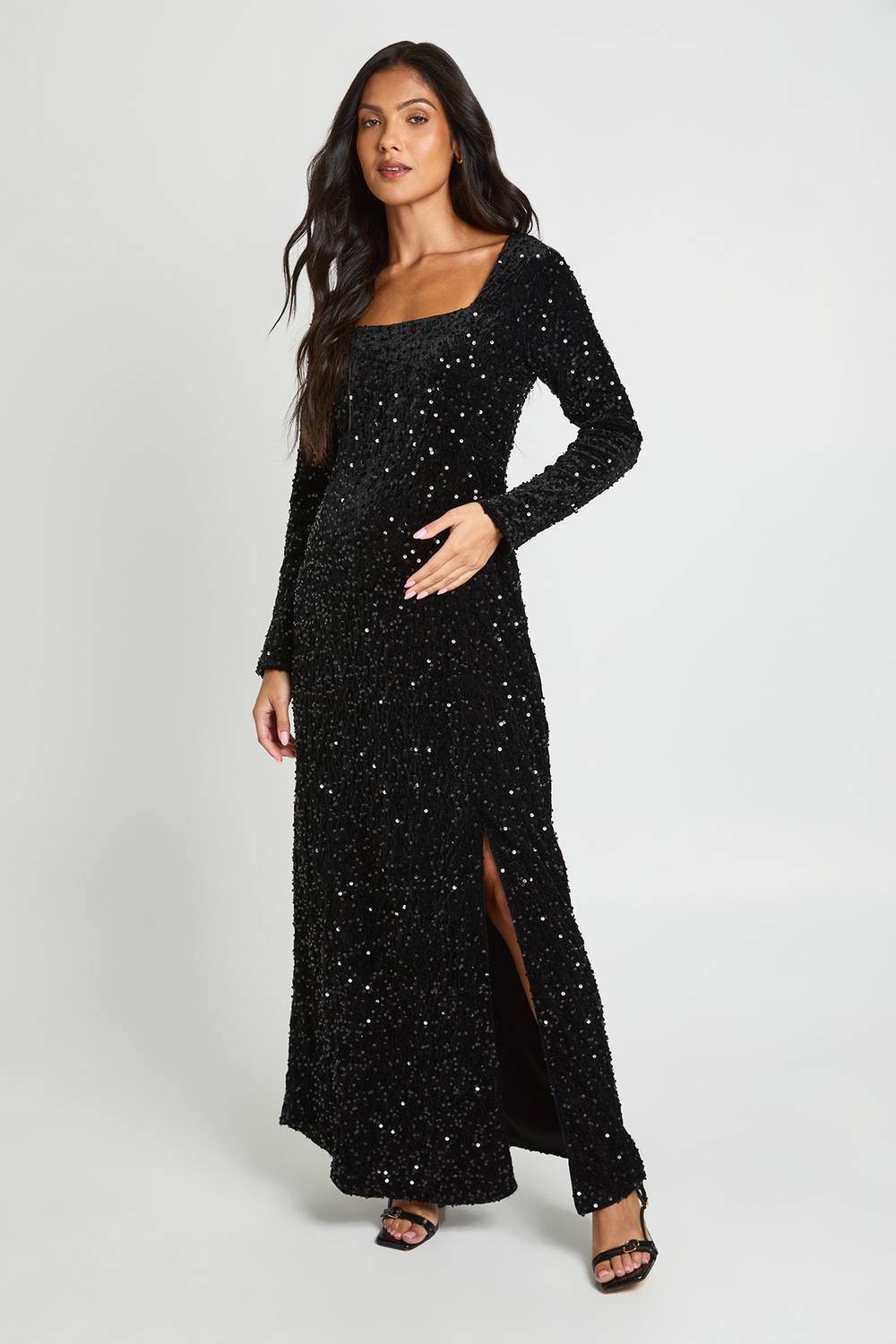 boohoo Dam Maternity Square Neck Long Sleeve Dress | Svart | Storlek 44