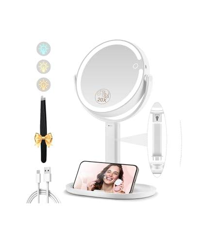MOMOKUBA Kosmetikspiegel mit Beleuchtung, Vergrößerungsspiegel mit Licht 20fach, Kosmetikspiegel mit Vergrößerung 7", Doppelseitig 3 Farben 64 Led, Schminkspiegel mit Beleuchtung 360° Drehbar, Weiß