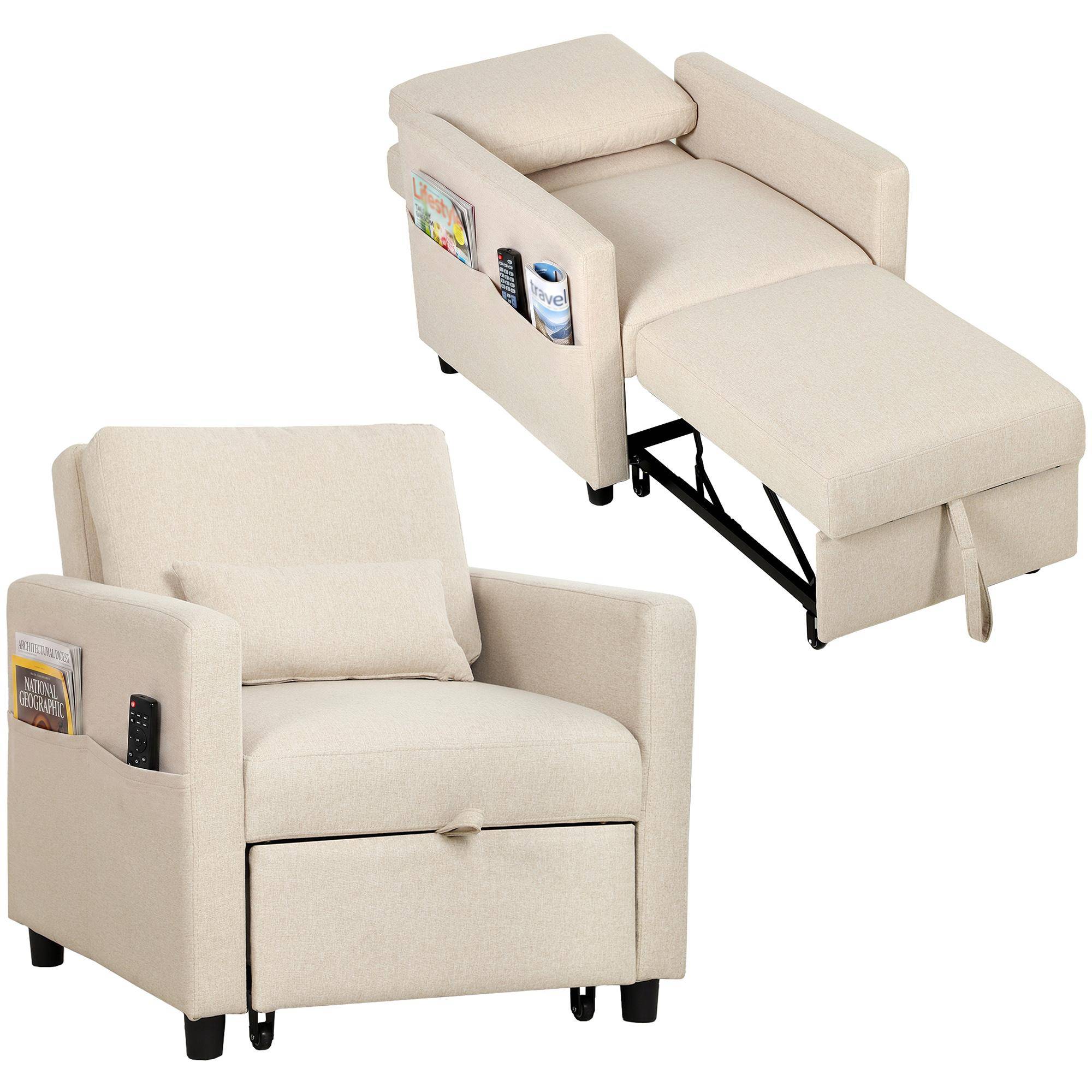 3-In-1 Linen-Effect Fabric Sofa Bed with Adjustable Backrest. Cream White