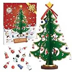 LEMESO Adventskalender 2024 mini julgran av trä adventskalender trä gran 3D julgran med 24 hängen dekoration trä julgran gör-det-själv leksak present till barn jul