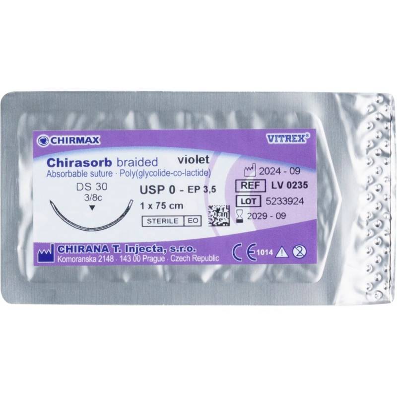 Chirasorb Sutur 75cm Polyglactin 910 USP 0, DS 30mm resorberbar violet steril engangs