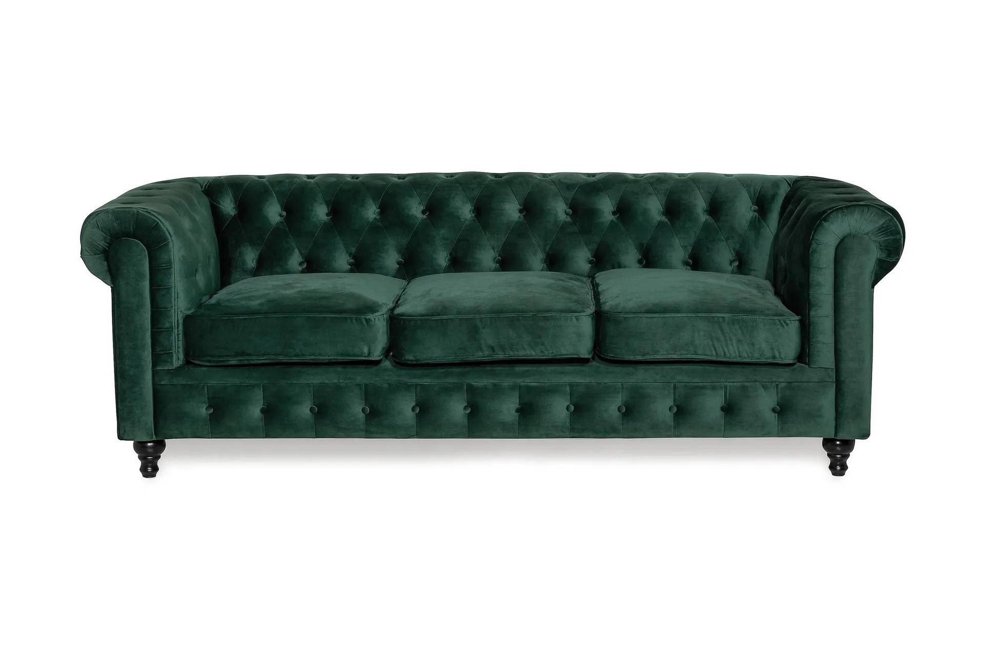 Manor House Chesterfield Lyx 3 sits Sammetssoffa - Djup soffa Mörkgrön / Grön