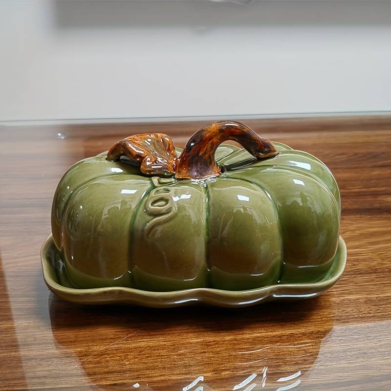 Green Dish Orange Pumpkin Shaped With Lids 7in Ceramic Butter Keeper For Kitchen, Container For Butter, Dishes