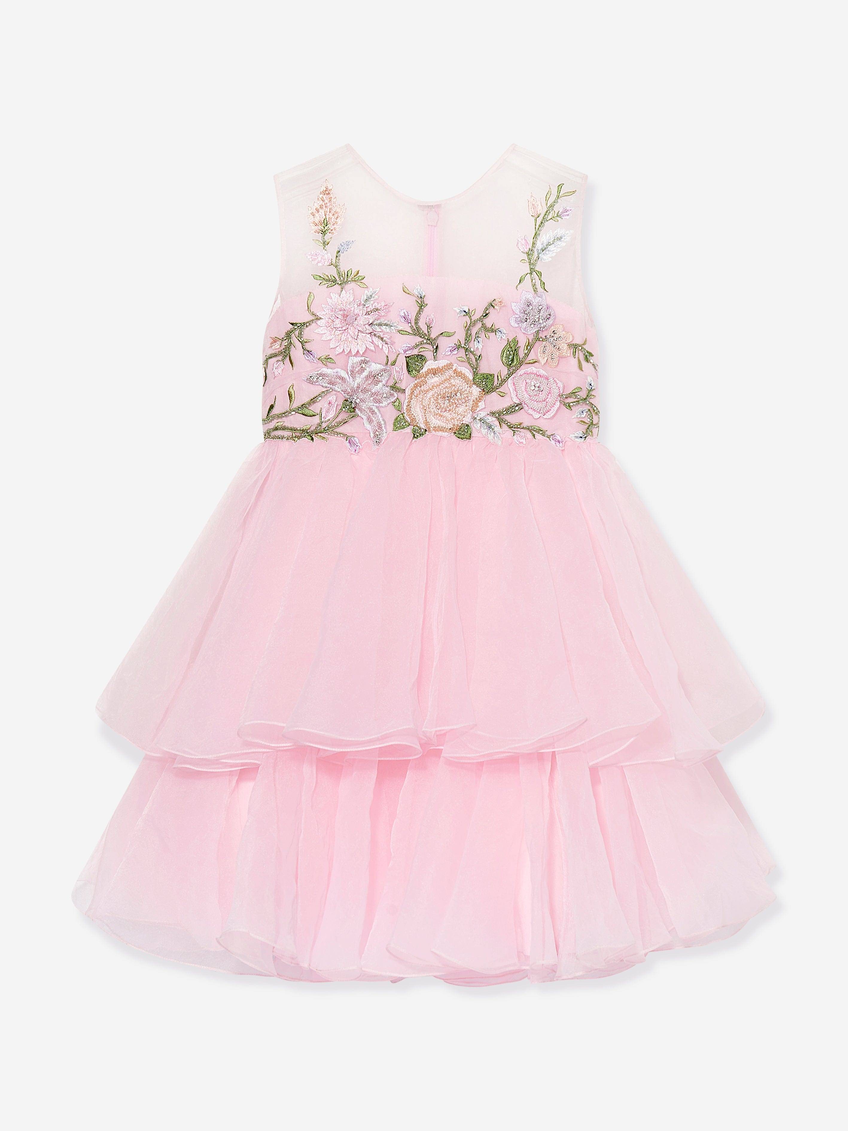 Maison Ava Girls Nicoletta Embroidered Flower Occasion Dress in Pink - Pink / 14 Yrs (14 Yrs)