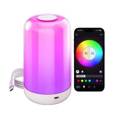 Opladelig RGB+CCT LED bord/natlampe, 5W, Bluetooth, Hvid, touch dæmpbar, IP20