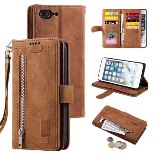 UEEBAI Plånboksfodral för iPhone 7 Plus iPhone 8 Plus, retro 9 korthållare fack blixtlåsficka handväska fodral PU-läder magnetisk stängning ställ med handledsrem TPU stöttåligt folio fodral – brun