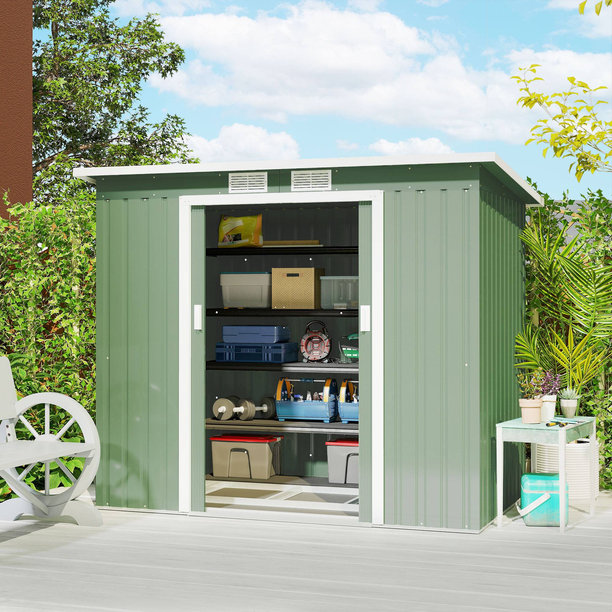 Redskabsskur 2,42 m², haveskur med ventilationsvindue, skydedør, fundament, 213 x 130 x 159/172 cm, redskabsskur af galvaniseret stål, vejrbestandig, til haven, grøn.