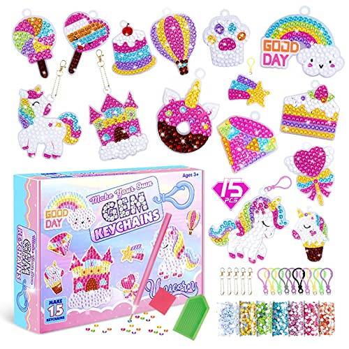 5D Diamantmålning Hängsmyckesset, CAYUDEN 15 Stycken Enhörning Diamantnyckelringar Ornament 5D Djur Diamant Nyckelring Diamond Keychain Kit Nyckelring Hänge Diamond Art Key Chain för Barn 8–12 år