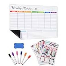 OTraki veckoplanerare whiteboard A3 magnetisk kalender för torrtorkning för kylskåp flexibel stark magnetisk familj måltidsplaneringstavla med 5 markörer, 1 radergummi, 8 klistermärken påminnelsetavla