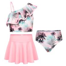 GRACE KARIN Bikini set med 3 justerbara axelremmar volanger tankini med kjol 5–12 år, Rosa palm, 7 år