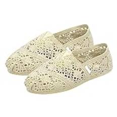 Vardaglig bekväm sko dam kanvas virkade slip-on skor platta skor för damer, BEIgE, 37 EU