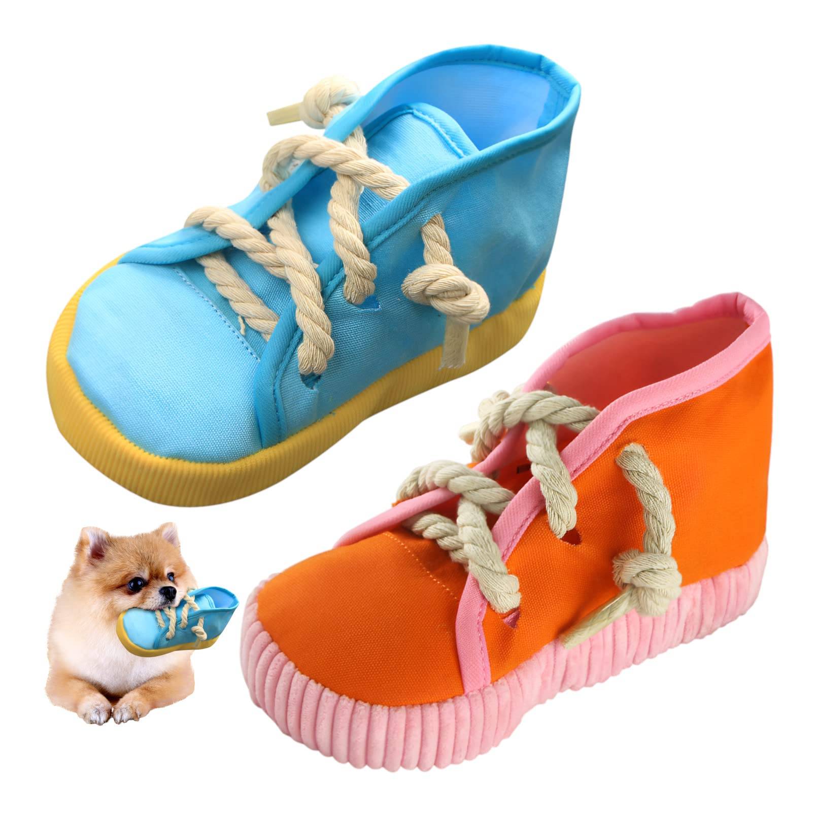 Heizi Dog Chew Toy Shoes/Slippers, 2 Pairs, Small Dog Chew Toy, Pet Safe, Durable, Washable (High-Top (Blue & Orange))