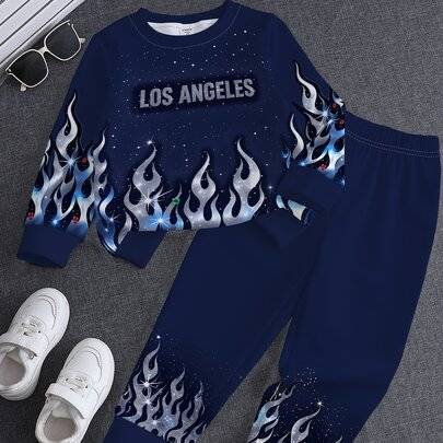 2-delat set för pojkar med flammtryck, sweatshirt med LOS ANGELES-bokstäver och rund hals, matchande byxor med mudd, amerikansk streetstyle, ny höstny - Multifärgad (9-12M,12-18M,18-24M,2-3Y)