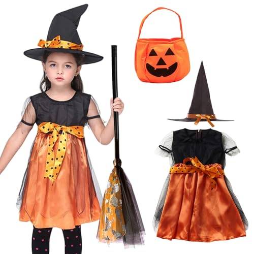 SOETDERT Häxa kostym för flicka, halloween, karneval, maskeraddräkt – häxhatt klänning för cosplay fest (orange)