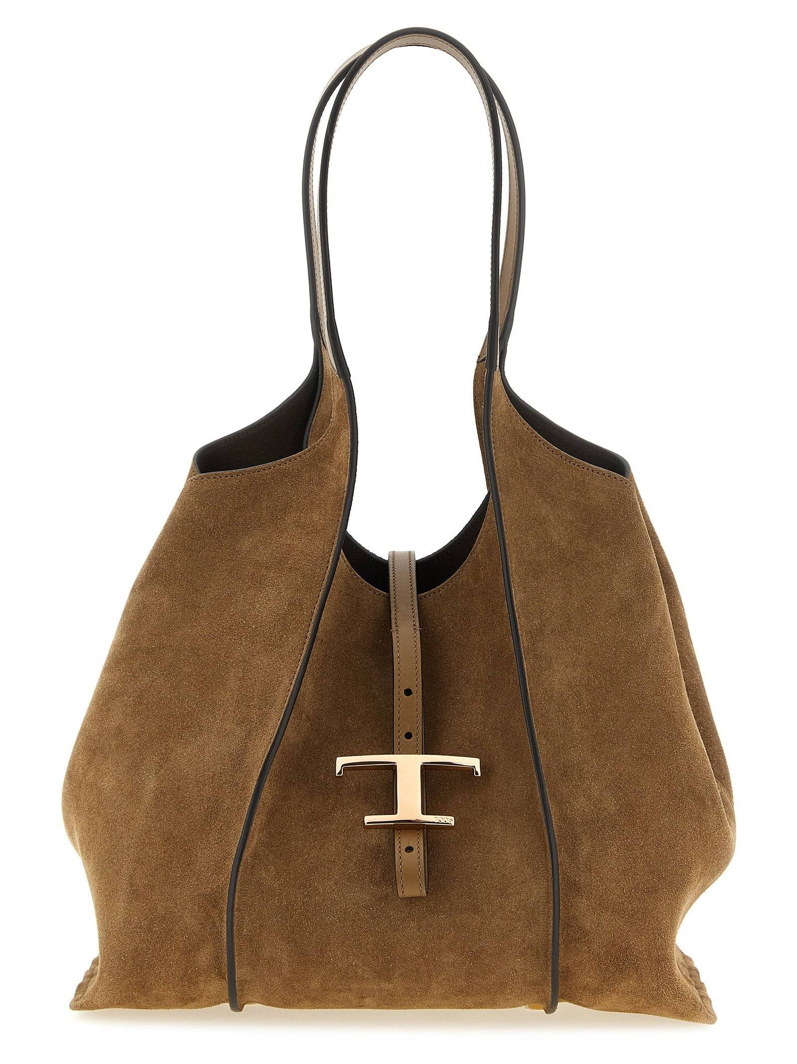 Tod's 'T Timeless' Midi shoppingväska i brunt mocka och läder